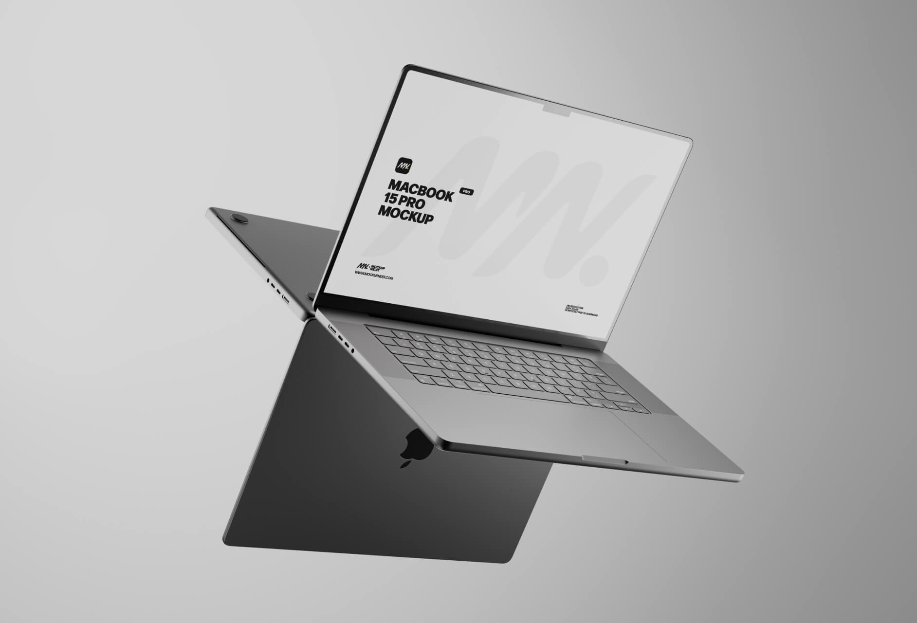 MacBook Pro mockup floating against a soft grey backdrop