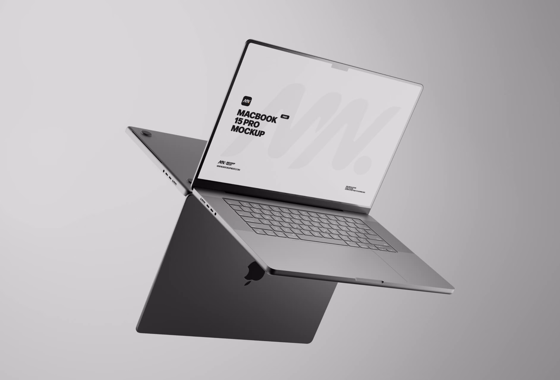 MacBook Pro mockup floating against a soft grey backdrop