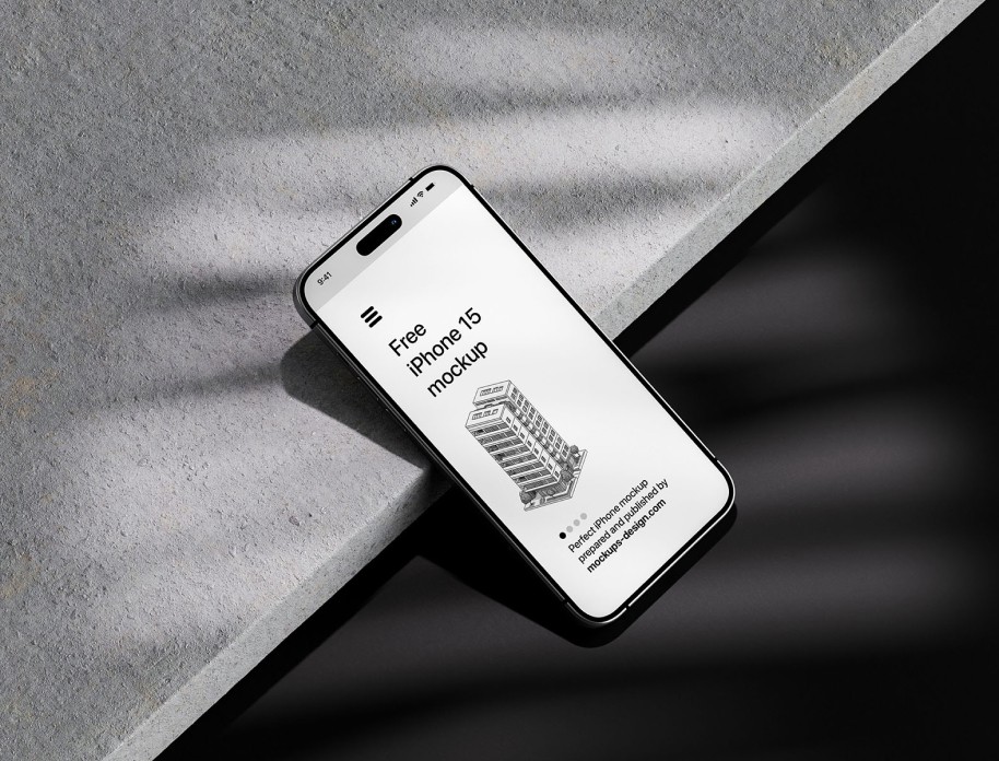 Single iPhone 15 mockup leaning on a stone surface