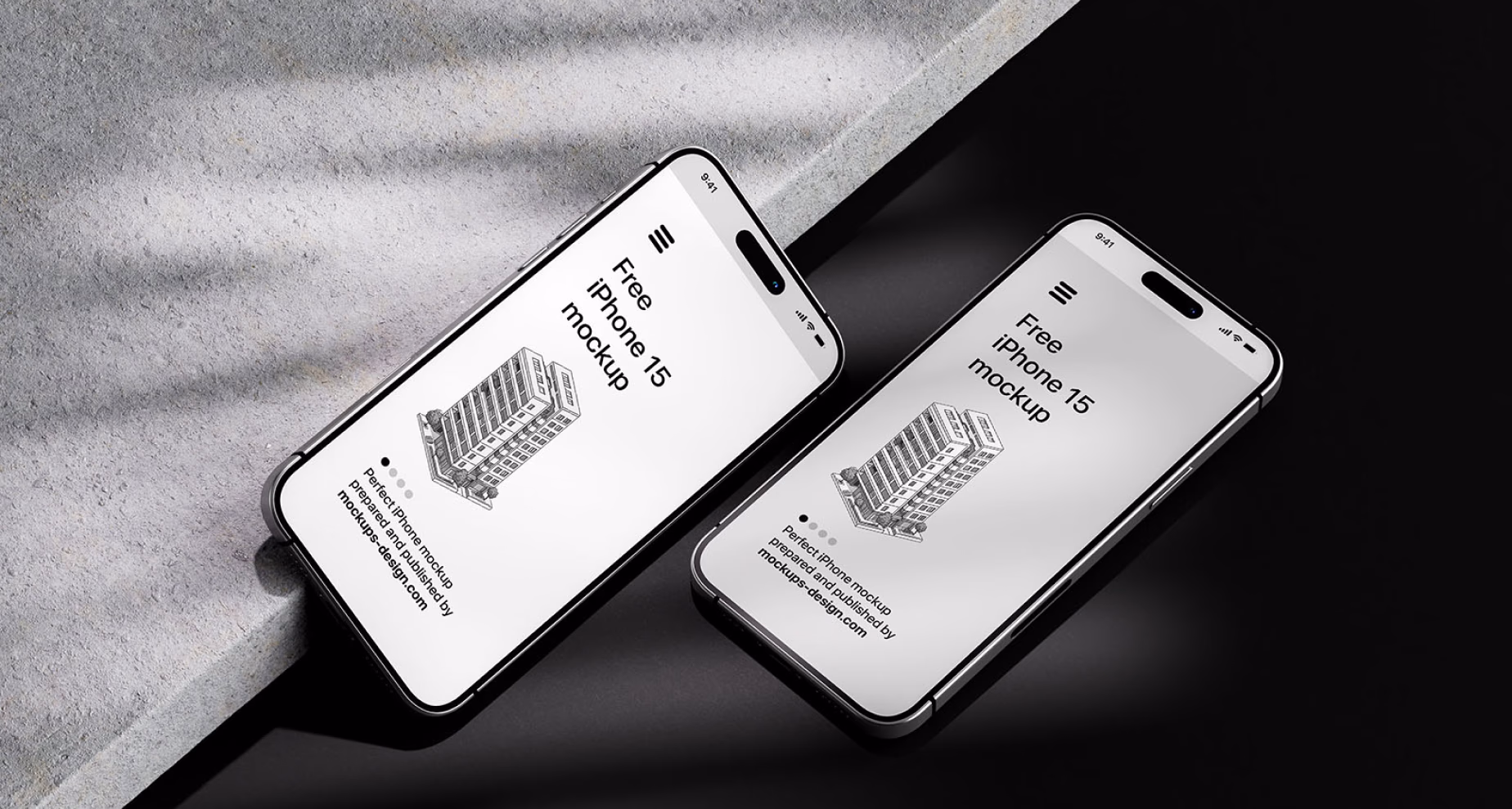 Two iPhone 15 mockups laid flat on a textured concrete surface