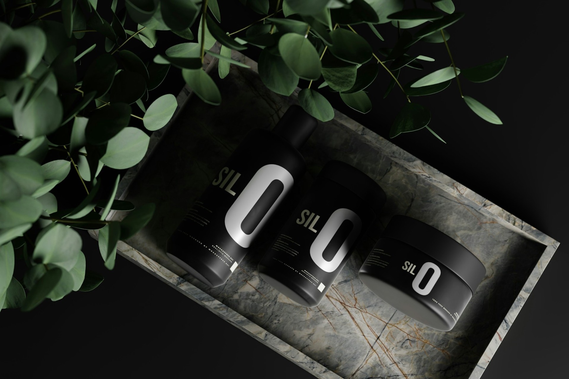Skincare bottles with eucalyptus leaves on dark stone
